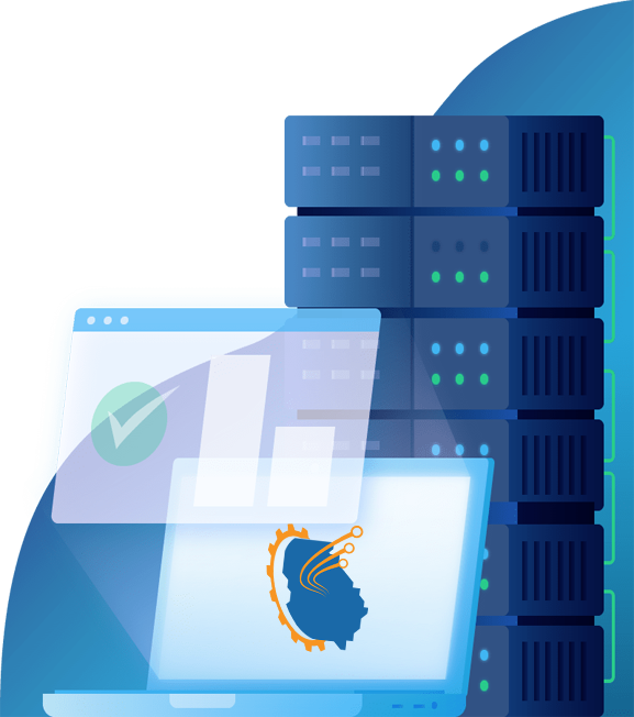 Illustration of a laptop and transparent analytics dashboard in front of a stack of data servers, representing cloud computing or data management.