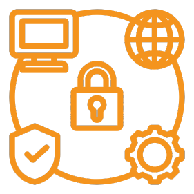 Desktop, world, gears, and checkmark icons surrounding a lock.