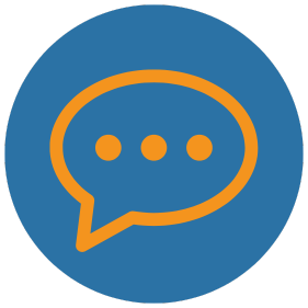Round blue circle icon with an orange speech bubble.