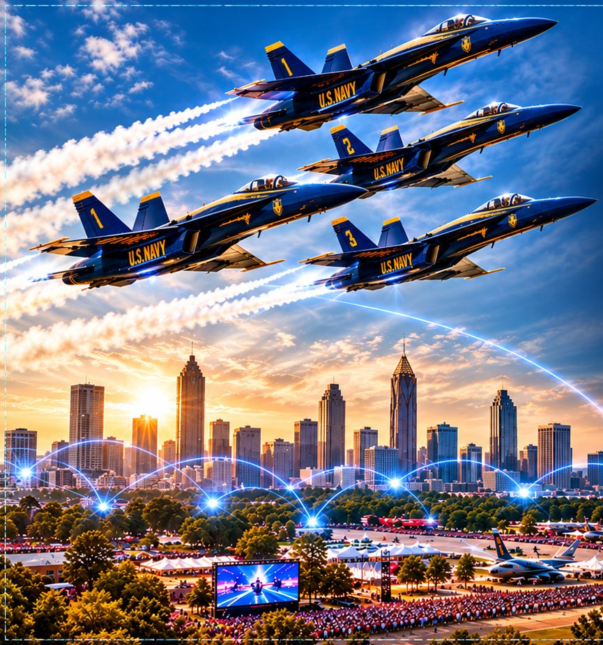 Four U.S. Navy jets in formation trailing smoke over the Atlanta skyline at sunset